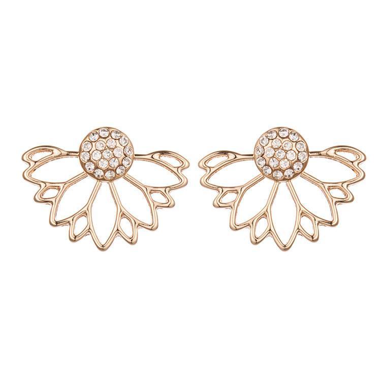 shopping תכשיטים לאישה Trendy Rhinestone Earring Hollow Lotus Double Side Ear Stud for Women