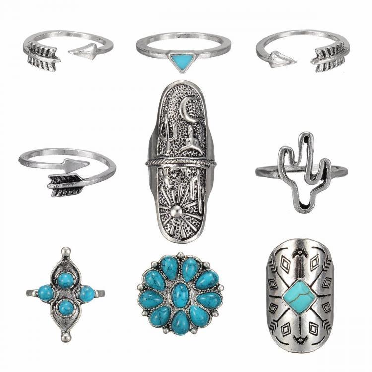 shopping תכשיטים לאישה 9PCS Boho Style Silver Vintage Ring Women Geometry Finger Ring Set