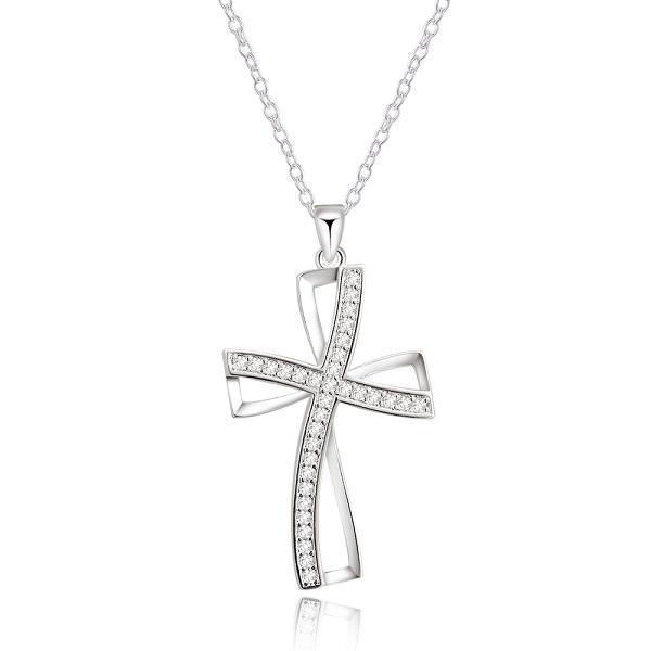 shopping תכשיטים לאישה 925 Sterling Silver Plated Women Cross Necklace Crystal Chain Jewelry