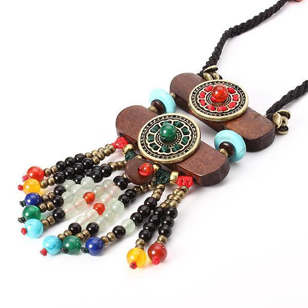 shopping תכשיטים לאישה Vintage Ethnic Jewelry Necklace Wood Crystal Sweater Women Necklace