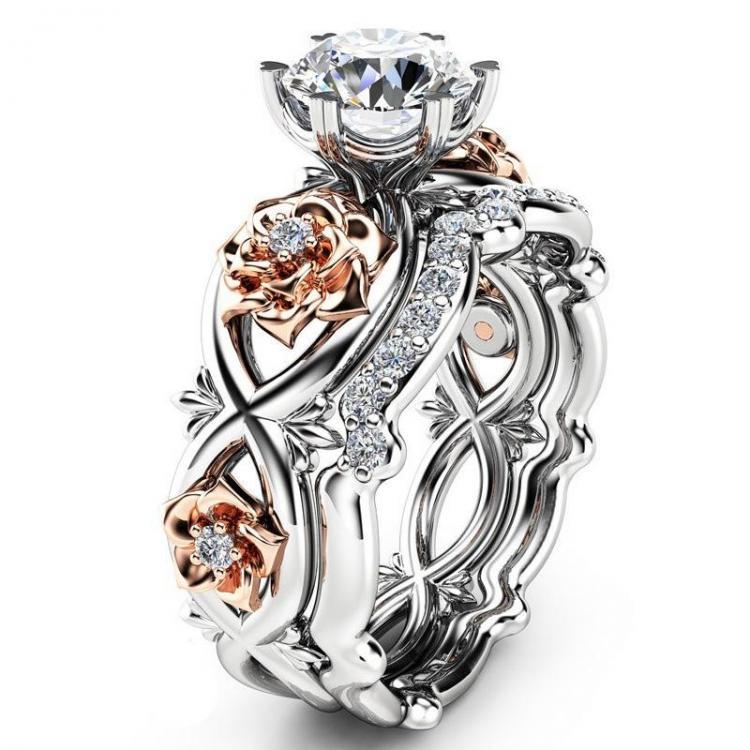 shopping תכשיטים לאישה Elegant Zircon Inlaid Rose Gold Flower Heart Hollow Platinum Ring Set Gift for Women