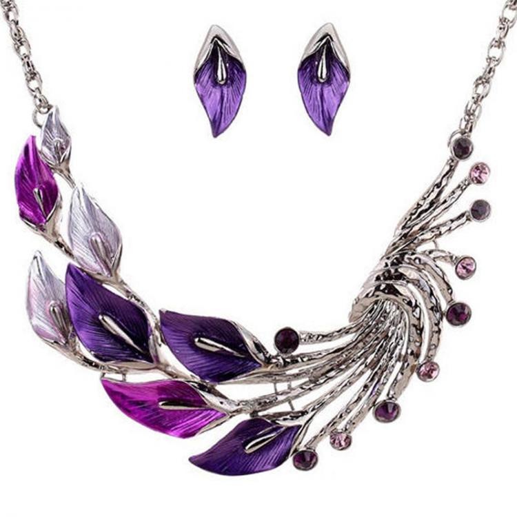 shopping תכשיטים לאישה Gradient Color Leaf Peacock Enamel Crystal Necklace Dangle Earrings Jewelry Set for Women