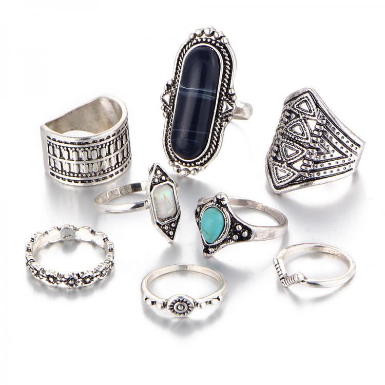 shopping תכשיטים לאישה 8 Pcs Bohemian Silver Color Ring Set Turquoise Gem Knuckle Rings Gift for Women