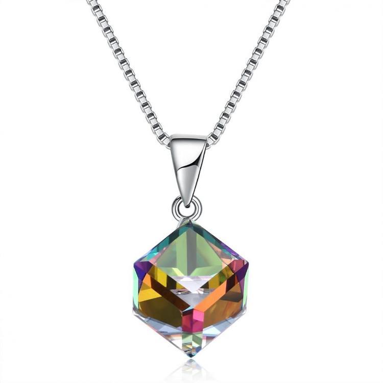 shopping תכשיטי יוקרה וסטים 925 Sterling Silver Colorful Shining Cube Crystal Necklace Silver Charm Necklace for Women