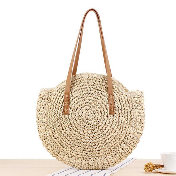 shopping תיקי נשים Women Leisure Round Straw Bag Woven Beach Bag Shoulder Bag