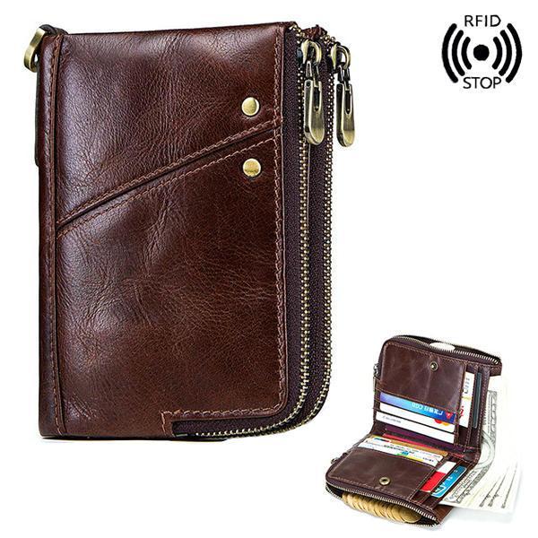 shopping תיקי גברים Men RFID Antimagnetic Wallet Genuine Leather 12 Card Slots Vintage Double Zipper Coin Bag
