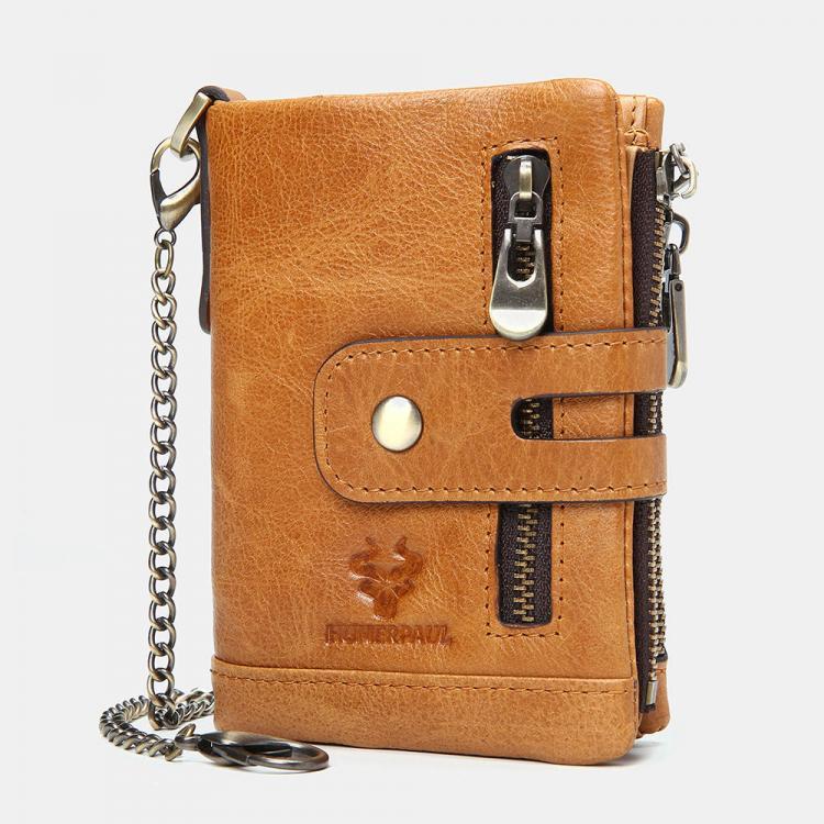 shopping תיקי גברים Men Genuine Leather RFID Anti-scanning Chain Anti-Theft Zipper Wallet