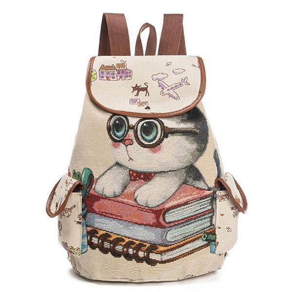 shopping ילקוטים ותיקי בית ספר Canvas Casual Cartoon Cat Pattern School Bag Backpack Shoulder Bags Student Bags