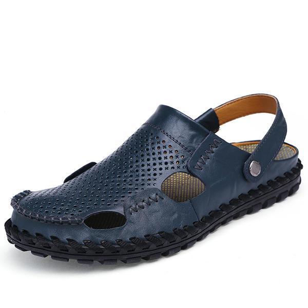 shopping נעלי גברים Men Summer Hollow Out Casual Outdoor Fashion Leather Beach Soft Flat Sandal Shoes