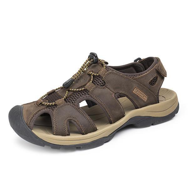 shopping נעלי גברים US Size 6.5-10.5 Mens Summer Beach Sandals Magic Stick Adjustment Leather Shoes