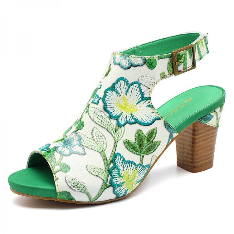 shopping נעלי נשים SOCOFY Handmade Flowers Hook Loop Leather Heeled Sandals