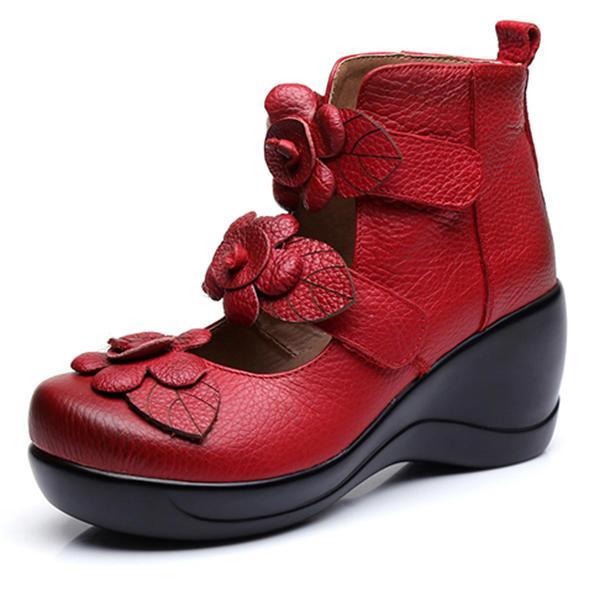 shopping נעלי נשים SOCOFY Women Genuine Leather Flower Retro Hook Loop Platporm Shoes