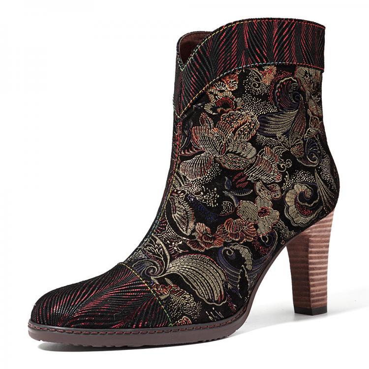 shopping נעלי נשים SOCOFY Bohemian Stitching Embossed Leather Ankle Boots