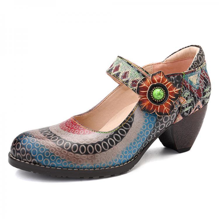 shopping נעלי נשים SOCOFY Splicing Pattern Hook Loop Genuine Leather Pumps