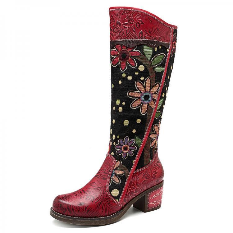 shopping נעלי נשים SOCOFY Splicing Pattern Embroidery Genuine Leather Mid Calf Boots