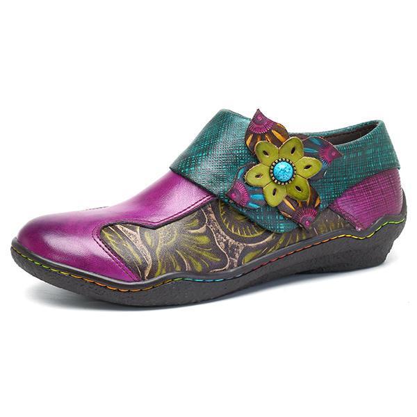 shopping נעלי נשים SOCOFY Printing Splicing Plant Pattern Hook Loop Flat Leather Shoes