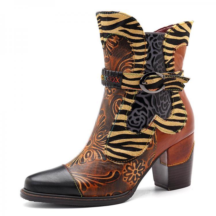 shopping נעלי נשים SOCOFY Handmade Genuine Leather Splicing Pattern Zipper Ankle Boots