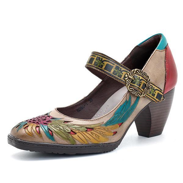 shopping נעלי נשים SOCOFY Printing Pattern Mid Heel Buckle Ankle Leather Pumps