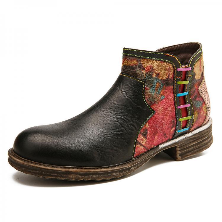 shopping נעלי נשים Socofy Women Retro Watercolor Stitching Genuine Leather Zipper Ankle Boots
