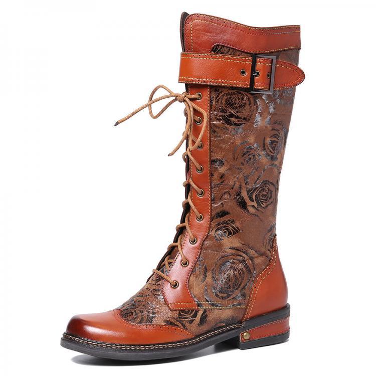 shopping נעלי נשים SOCOFY Embossed Rose Pattern Genuine Leather Stitching Metal Buckle Mid Calf Boots