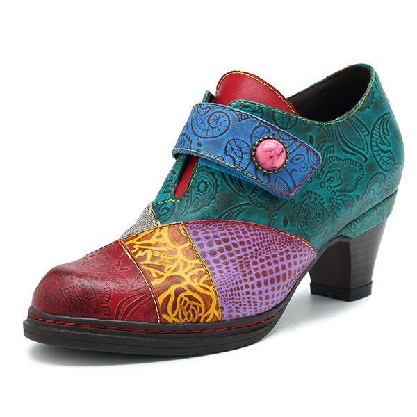 shopping נעלי נשים SOCOFY Splicing Pattern Retro Shoe Button Hook Loop Pumps