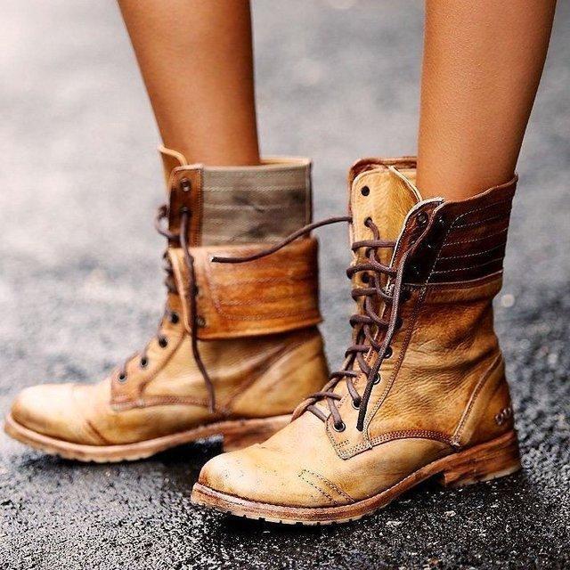 shopping נעלי נשים Plus Size Women Retro Leather Lace Up Block Heel Ankle Boots