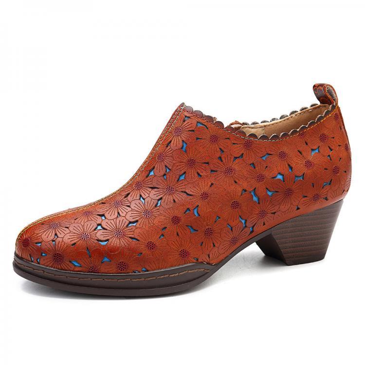 shopping נעלי נשים SOCOFY Handmade Splicing Flowers Leather Zipper Pumps