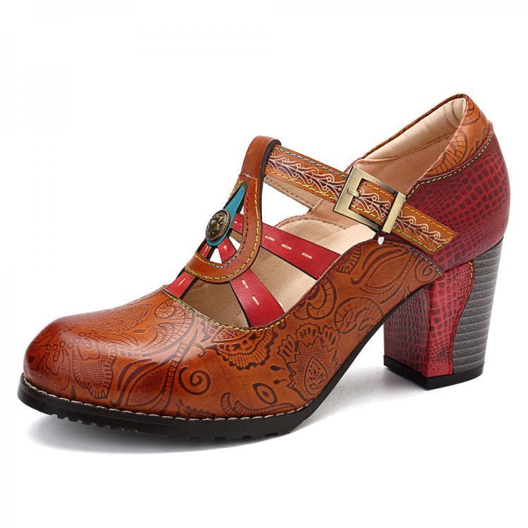 shopping נעלי נשים SOCOFY Vintage Hollow Out Chunky Heel Leather Pumps