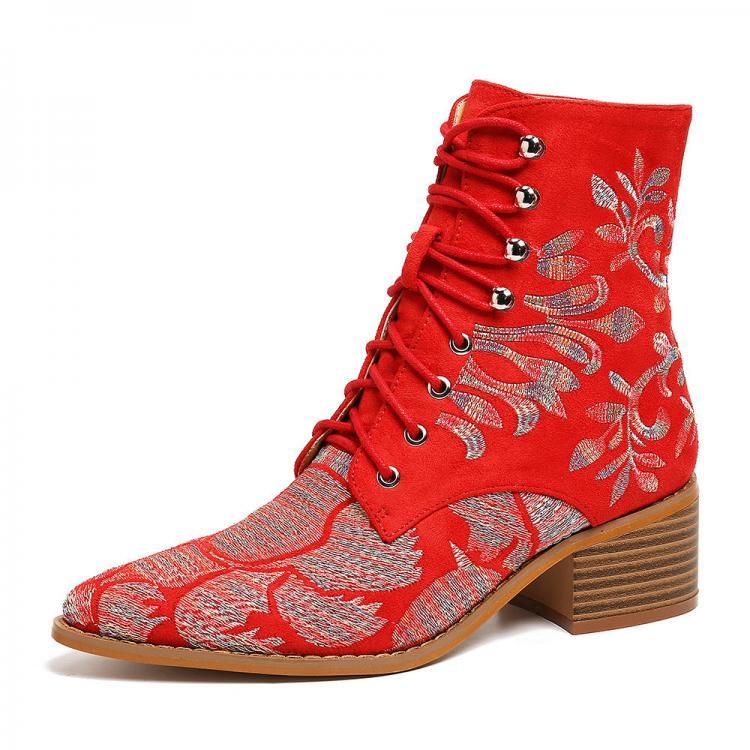 shopping נעלי נשים Women Elegant Flowers Embroideried Cloth  Ankle Boots