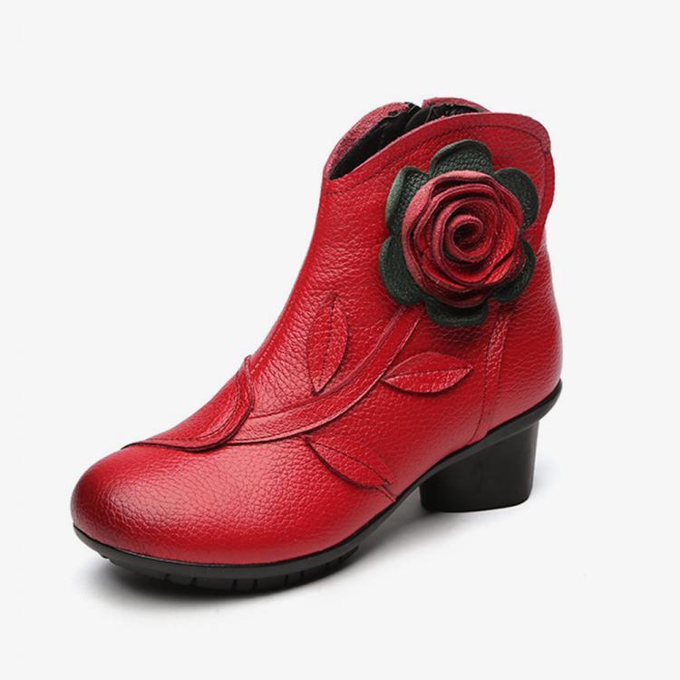 shopping נעלי נשים Women Retro Handmade Flower Genuine Leather Comfy Solid Ankle Short Boots