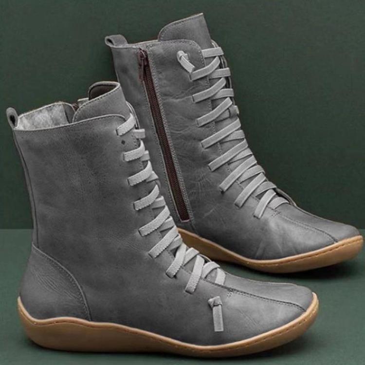 shopping נעלי נשים Women Old Fashion Pure Color Leather Mid-Calf Boots