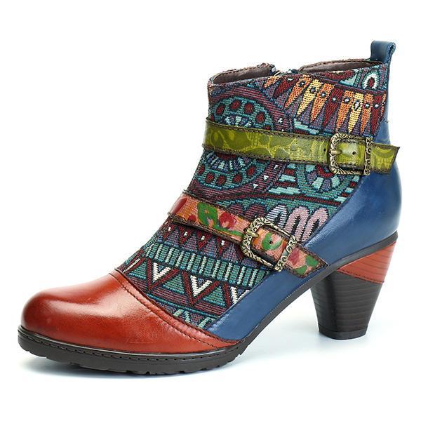 shopping נעלי נשים SOCOFY Bohemian Splicing Pattern Block Buckle Ankle Leather Boots