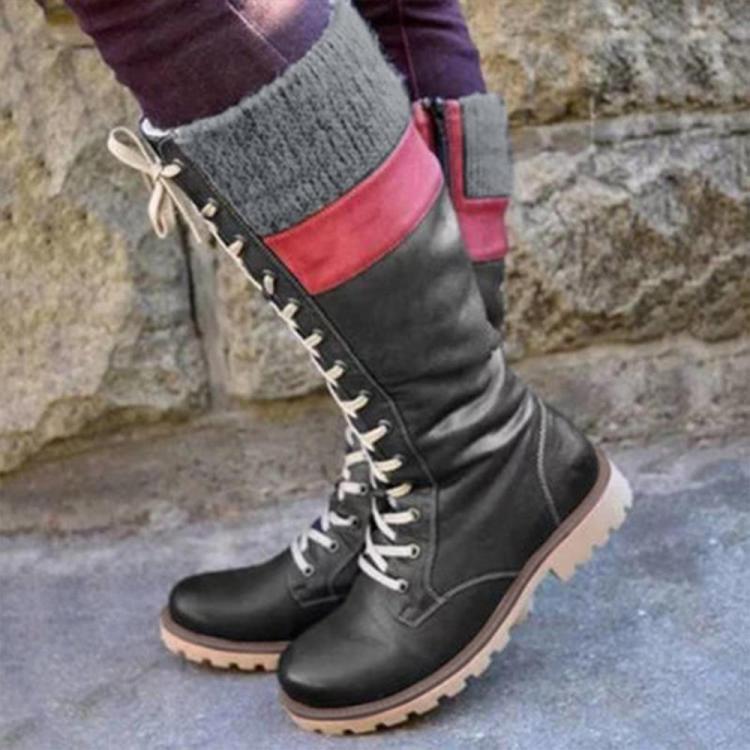 shopping נעלי נשים Women Plus Size Stitching Round Toe Comfy Casual Lace Up Mid Calf Boots