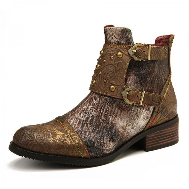 shopping נעלי נשים Socofy Women Splicing Rivet Buckle Genuine Leather Handsome Ankle Boots