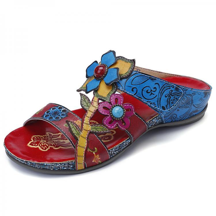 shopping נעלי נשים SOCOFY Genuine Leather Handmade Stitching Floral Wedge Sandals