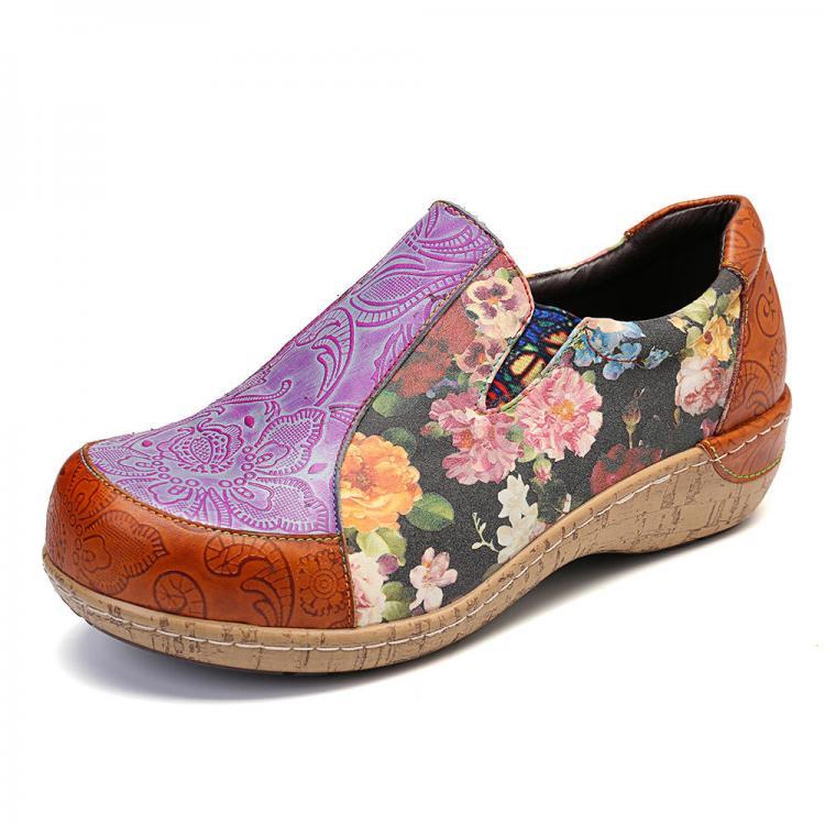 shopping נעלי נשים Socofy Women Retro Veins Splicing  Flowers Stitching Comfortable Leather Loafers