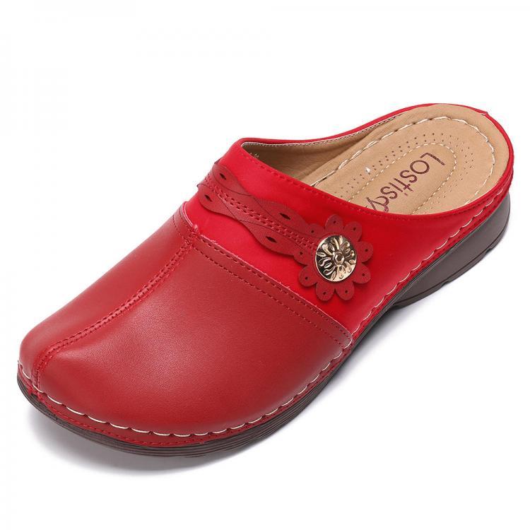 shopping נעלי נשים LOSTISY Round Toe Slip On Splicing Buckle Comfy Wedge Sandals