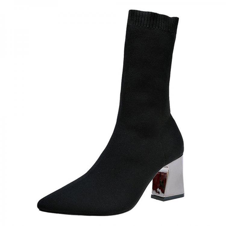 shopping נעלי נשים Elastic Sock Boots Chunky Heel Mid Calf Boots
