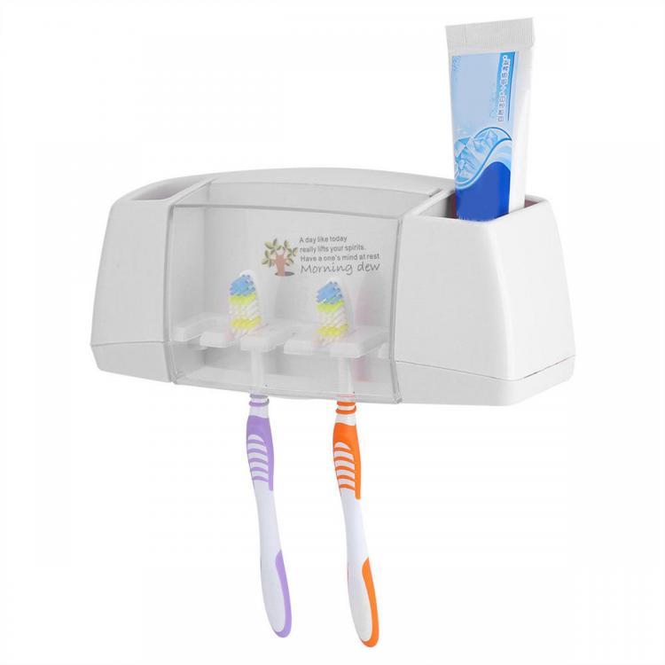 shopping טיפוח חלל הפה והשיניים 4 Toothbrush Holder Set Wall Mount Stand Home Bathroom Toilet Automatic Toothpaste Dispenser