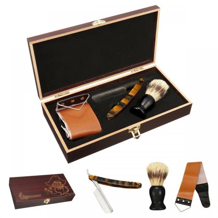 shopping שיער ואביזרים Shaver Kit Cut Throat Straight Razor Shaving Brush Leather Strop Wood Box Gift