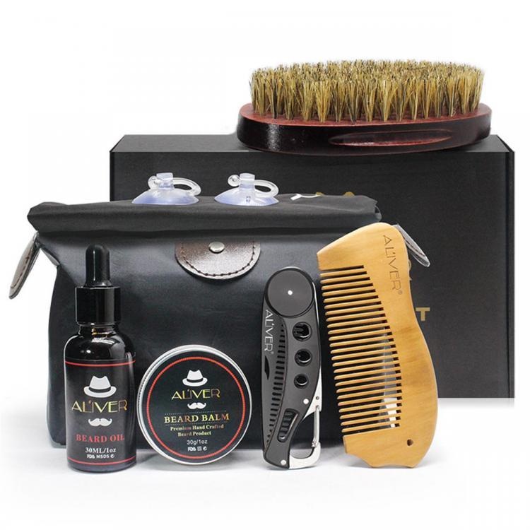 shopping ציוד גילוח והסרת שיער 7Pcs Beard Care Kit Tool Set Mustache Grooming Styling Cleaning Kits Brush +Comb + Cream Oil +Balm +Storage Bag