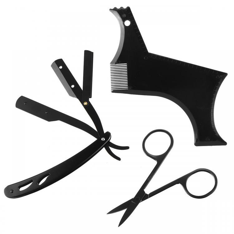 shopping ציוד גילוח והסרת שיער 3Pcs/set Men's Beard Comb Stainless Steel Razor Scissors Home Travel Hair Kit