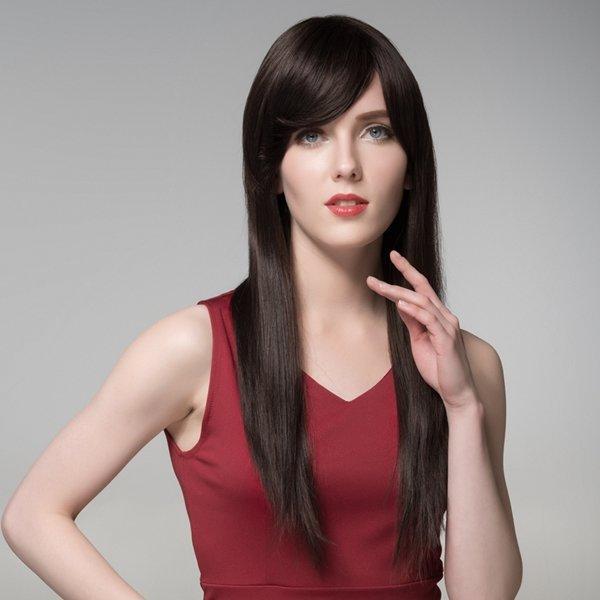 shopping פיאות ותוספות שיער Straight Long Human Hair Side Bang Wig Virgin Remy Mono Top Capless 8 Colors