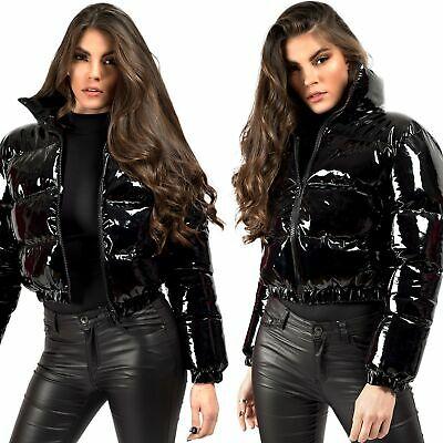 shopping מעילים וג׳קטים Women Shiny Wet Look Vinyl Thick Puffer Padded Quilted Cropped Short Jacket Coat