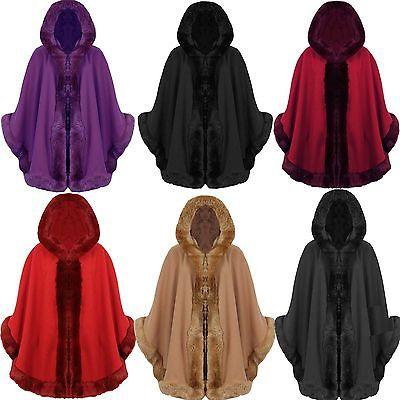 shopping מעילים וג׳קטים New Women Celebrity Faux Fur Hooded Wrap Puncho Cape Ladies Mantle Coat 8 - 18