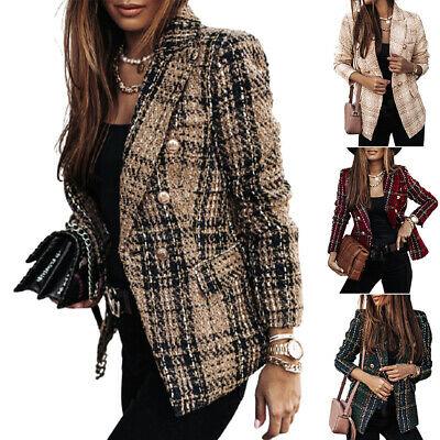 shopping מעילים וג׳קטים Ladies Plaid Coat Tartan Long Sleeve Blazer Jacket Summer Tweed Checked Outwear