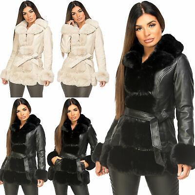 shopping מעילים וג׳קטים Womens PU Pvc Winter Long Coat Faux Vegan Leather Fur Collar Warm Belted Jacket