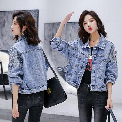 shopping מעילים וג׳קטים Women's Casual Embroidered Flower Beaded Denim Jacket Biker Jeans Coat Outwear