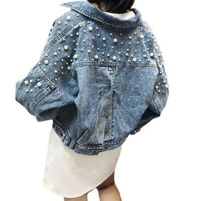 shopping מעילים וג׳קטים Ladies Blue Long Sleeve Loose Denim Rhinestone Beaded Tassel Jean Jacket Coat