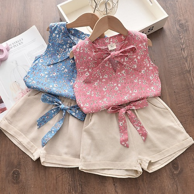 shopping אופנה ילדים Summer Girls Clothing Sets Children's Leaf Dots Girl Sleeveless Shirt+Short Pant